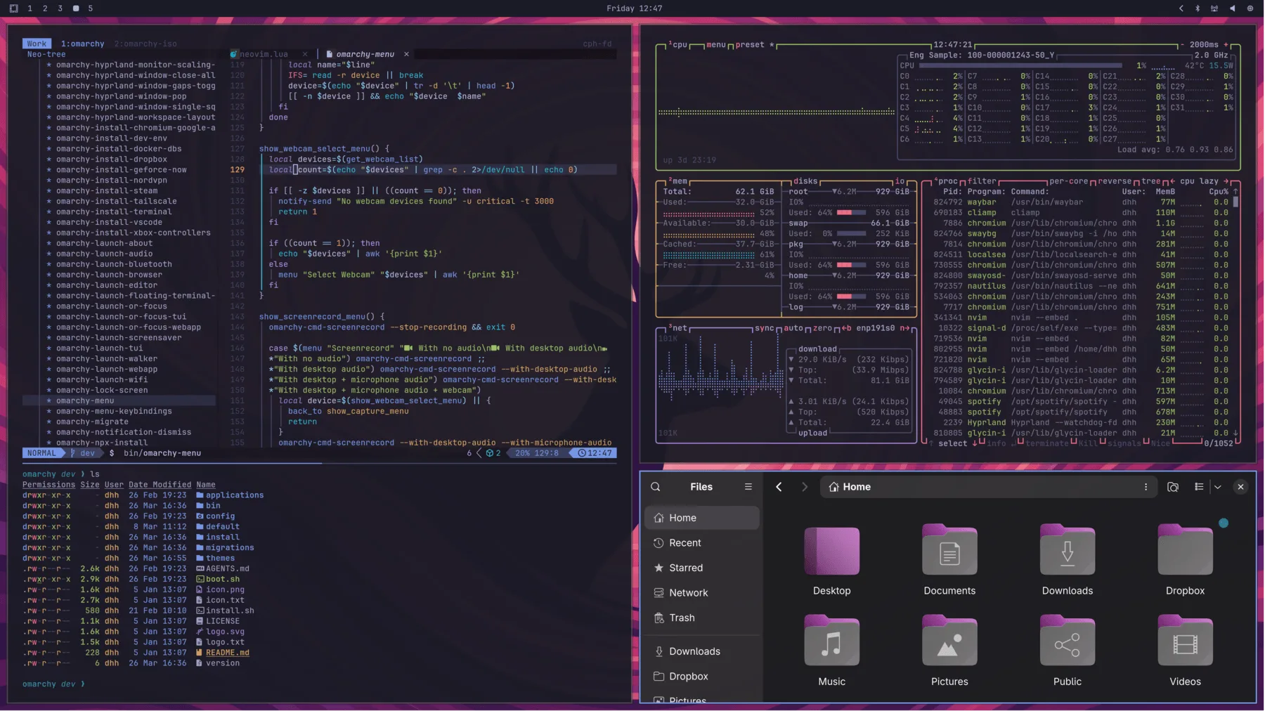 Omarchy desktop using the Tokyo Night theme